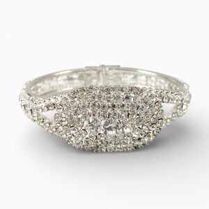 Vintage Silver tone Encrusted Clear Rhinestone Clamper Cuff Bracelet. Bridal